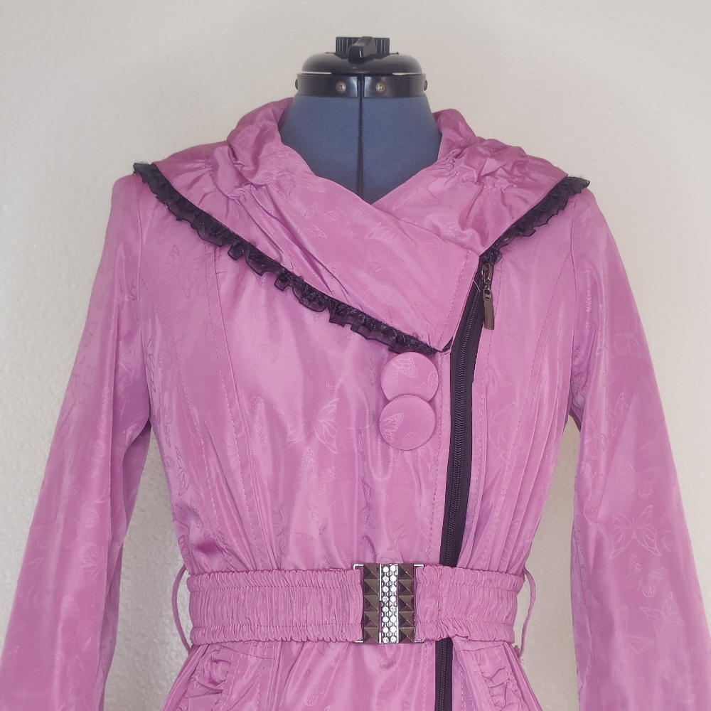 Pink Butterfly Pattern Ruffle Accent Winter Coat - Picture 5 of 16